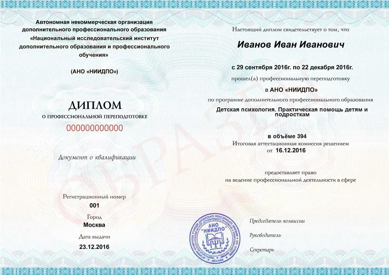 Диплом о дополнительном профессиональном образовании